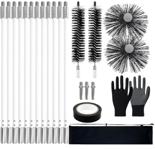 ZHEHNSA 23pcs Kaminbürste Stange Set, Schornsteinfeger Bürste, Ofenrohrbürste 150mm, 40mm aminrohr Reinigungsbürste Nylon mit Flexible Stangen 12x410mm, Einsatz Mit Elektrobohrern Schornsteine Roh