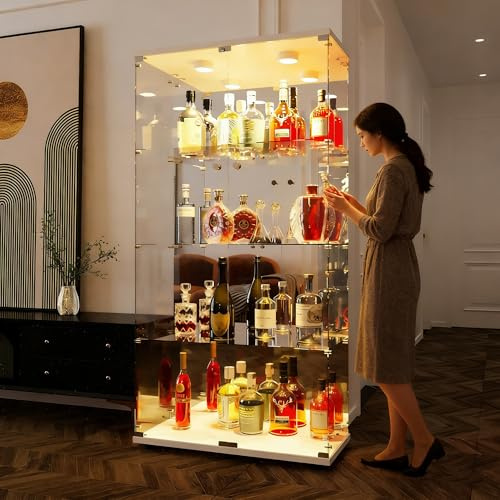 Mirror Glass Display Cabinet with LED Lights - 4-Tier Double Door Curio Cabinet with Lock, Frameless Tall Showcase Display Shelf for Collectibles and Figurines, Bookcase Storage Cabinet, White