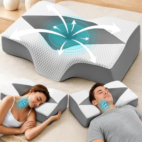 Hypuno Nackenstützkissen gegen Nackenschmerzen, orthopädisches Kopfkissen, ergonomisches Memory Foam Nackenkissen mit 2 Höhen, Hohlraum & kühlendem Bezug, für Seiten- und Rückenschläfer - Grau