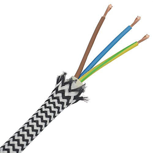 3m Stoffkabel Schwarz Weiß gezackt 3G 0,75qmm Textilkabel Lampenkabel Leuchtenkabel Kabel Stromkabel umsponnen Zickzack