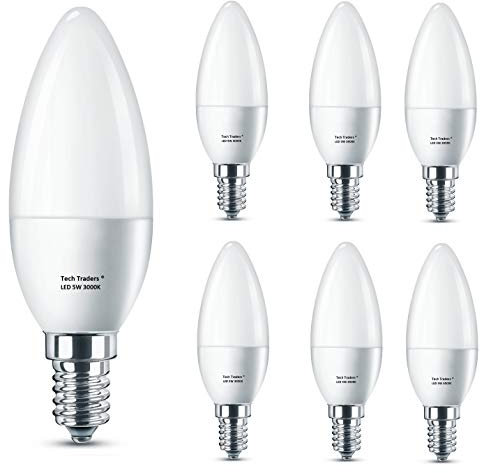 Tech Traders LED E14 Small Edison Screw Candle Light Bulb, C37 E14 Warm White LED Bulbs,3000K 5W Candle Bulb, Equivalent to 50W Incandescent Bulb, 400 Lumen, Non-Dimmable, 160°Beam Angle, 6-Pack