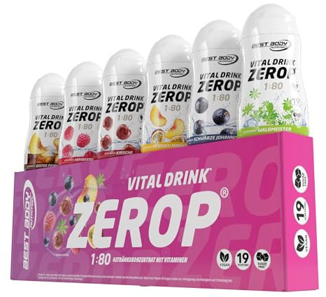 Best Body Nutrition Vital Drink ZEROP - Mix-Box 6 x 48 ml, Original Getränkekonzentrat - Sirup - zuckerfrei, 1:80, Probierset: Eistee-Pfirsich, Himbeere, Kirsche, Johannisbeere, Waldmeister