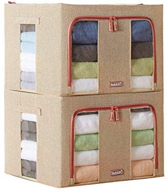 MHtech Conjunto de organizadores Plegables para Bolsas -Soporte de Metal Incorporado,con Cremallera y Ventana Transparente para Edredón, Ropa de Temporada, Ropa de Cama (Beige-2)