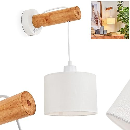 Wandleuchte Geelong, Wandlampe aus Metall/Holz/Textil in Weiß/Natur, 1-flammig, 1 x E27-Fassung, moderner Wandspot mit Stoff-Schirm u. An-/ Ausschalter am Gehäuse, ohne Leuchtmittel