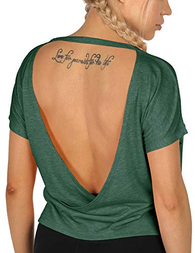 icyzone Damen Sport T-Shirt Rückenfrei Kurzarm Shirt Loose Casual Oberteile Yoga Top (M, Dunkelgrün)