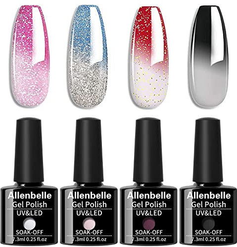 Allenbelle UV Nagellack Thermo Set 4 Farben Mit Geschenkbox,Gel Nagellack Farbwechsel Shellac Set Uv Gel Nail Art,Soak Off Uv Thermo Nagellac 014