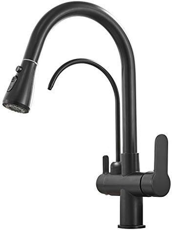 MENATT Robinet de cuisine 3 en 1 Mitigeur avec filtre à eau et double poignée extractible Noir mat