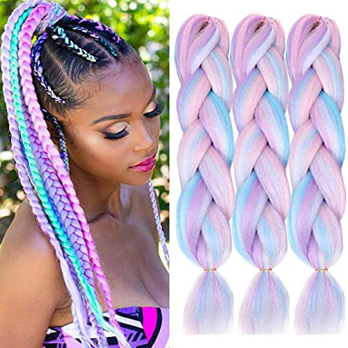ColorfulPanda 3 Stücke Jumbo Braid Kunsthaar 24 Zoll 100g Kanekalon Haar Flechten Extensions Für Crochet Twist Flechten Haar (Weiß/Rosa/Hellblau/Hellviolett)