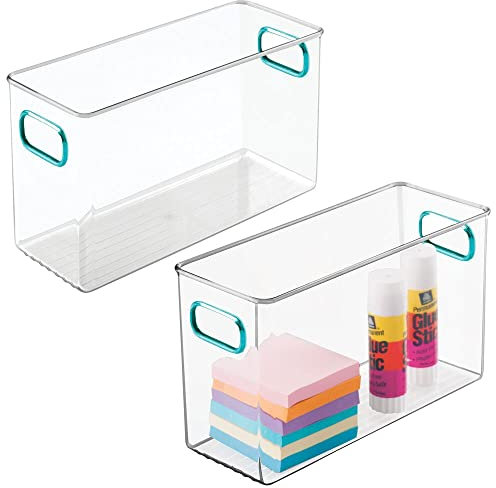 mDesign Schreibtisch Organizer – Aufbewahrungsbox für Stifte, Radiergummis, Klebeband, Lineale und Bastelutensilien – handliche Schreibtischablage mit Tragegriffen – 2er-Set – durchsichtig und blau