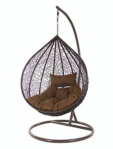 KIDEO Komplettset: XXL Hängesessel mit Gestell & Kissen, Korbsessel, Poly-Rattan, braun, groß (Kissen: Chesterstepp Dunkelbraun [7790 Chocolate])