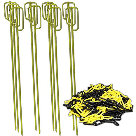 UvV Absperrleinenhalter 10 Stück mit Kette Ø 14 x 1200 mm geriffelt, verschiedene Farbkombinationen erhältlich, Absperrkette aus Kunststoff mit 25 Metern Länge und wahlweise 6 o. 8 mm (GELB 6 mm)