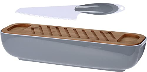 matrasa Brotdose inkl. Keramik Brotmesser & Schneidbrett für Ciabatta Baguette 40x12,5x8,5cm hellgrau