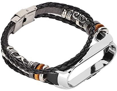 BigKing Smartwatch-Armbänder, Leder, kompatibel mit Xiaomi Mi Band 6, Retro-Stil, Ethno-Stil, Schwarz/Silber