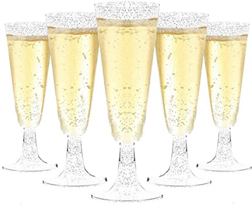 LATERN 50Pcs Silver Glitter Champagne Flutes, 150ml Plastic Champagne Glasses Reusable Stemmed Party Wine Cups for Garden Wedding Anniversary Shower Parties (5.5 x 16.5cm)