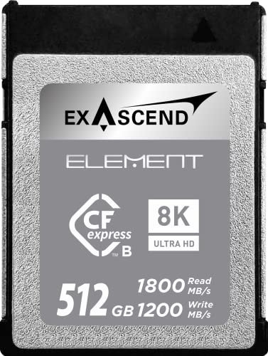 Exascend Element 512GB CFexpress Type B 1200MB/s Write Speed, 1800MB/s Read Speed, for RAW 8K Video For Professional Grade DSLR and Video Cameras 900MB/s Sustained Write (8K Video, 512GB)