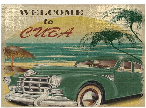 ABAKUHAUS Retro Puzzle, Kuba Beach Ocean Palm, Heirloom-Qualität lustige Aktivität für die Familie langlebiger Karton, 1000 Stücke, Grüne Sahne Gelb