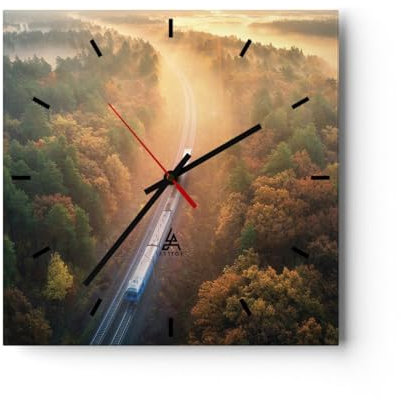 Modern Wanduhr Bahn Herbst So 30x30cm Quadrat Klein Wand Uhr Glas Analog Zimmeruhren Küche Büro Wohnzimmer Glasuhr Wall Clock Dekoration Design Wanddekoration Küchenuhr C3AC30x30-4632