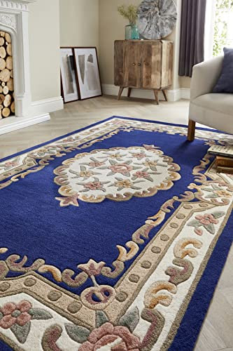 Lord of Rugs Lotus Premium Traditional Rug Aubusson Wool Heavy Thick Floral Hand Tufted Classic Rug Navy Large 150x240 cm (4'11''x7'10'')