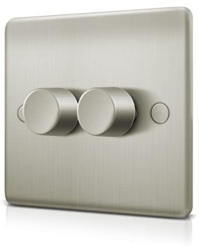 LED Dimmer Switch, Trailing Edge Double Dimmer Switch for LED/Halogen Lights (Mains Voltage), 2 Gang 2 Way 3-150 Watts, Brushed Steel