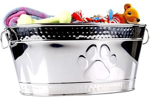 Metal Indestructible Dog Toy Bin - Steel Dog Toy Basket with Handles, Pet Toy Box, Oval for Blankets, Leashes, & Toys for Aggressive Chewers - Pawprint Design Home Decor (Silver)