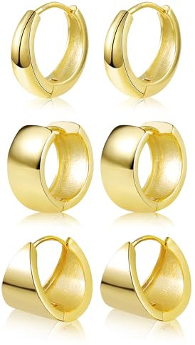 Creolen Gold Ohrringe Damen Set, 3 Paar Multipack 14K Vergoldet Knorpel Kreolen Huggie Oval Klobig Leicht Breit Mini Kleine für Damen