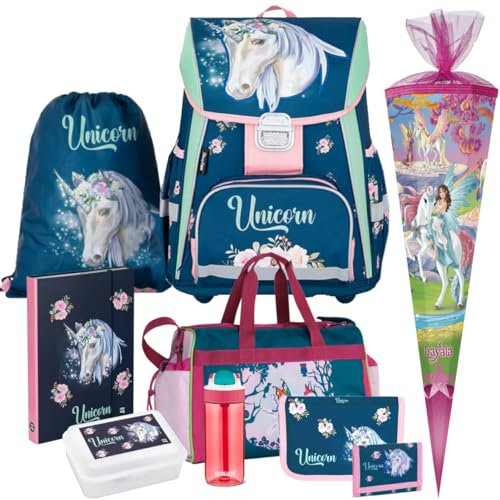 Generisch Oxy Bag Premium Unicorn - Einhorn - Schulranzen-Set - Brustbeutel Gratis dazu (7 teilig mit Sporttasche und Schultüte)