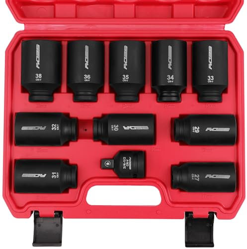1/2 Drive Deep Impact Socket Set: 11-Piece Metric Size Wheel Axle Nut Wrench Metric Large Jumbo 27mm 29mm 30mm 31mm 32mm 33mm 34mm 35mm 36mm 38mm Spindle Joint High Torque Truck Bearing Locknut