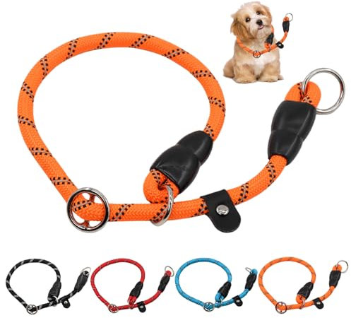 Dog Slip Collar with Reflective Strips, Slip Collar for Dogs Soft Adjustable Nylon Rope Collar No Pull for Pet Outdoor Walking Round Training Lead for Dogs Small Medium Puppy (M, Orange)