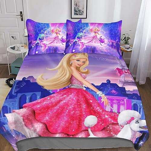 Barbie Bettwäsche Bettbezug Set Mit Kissenbezüge, Barbie-15 Bettwäsche-Sets,aus Mikrofaser Mit Verdecktem Reißverschluss Weich Und Bügelfrei Double(200x200cm)