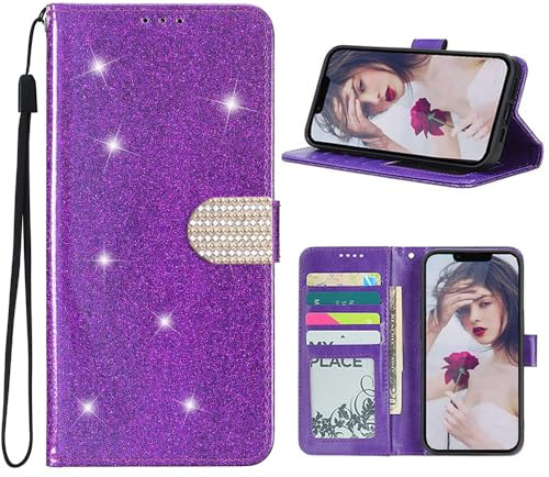 EuoDuo für Samsung Galaxy S9 Hülle mit Klappe Glitzer PU Leder Handyhülle Kartenfach Brieftasche Design Magnetisch Handytasche Schutzhülle Tasche Etui - Lila