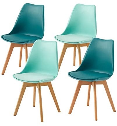 EGGREE 4er Set Esszimmerstühle mit Massivholz Buche Bein SGS Geprüfter Skandinavisch Design Gepolsterter Stuhl Küchenstuhl Holz, 2 Mintgrün + 2 Türkis