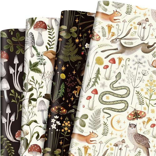 Bolsome 12 Blatt Pilz-Geschenkpapier Schwarz-Weiß Eichhörnchen Eule Wald Kunst Bastelpapier für Geburtstag 19,7 x 27,5 Zoll