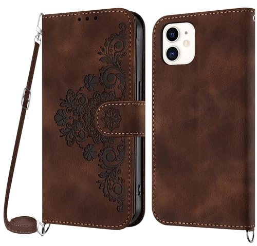 Netany Lanyard Case for iPhone 12 Mini, PU Leather Wallet Phone Case with Adjustable Crossbody Lanyard Strap, Card Holder Magnetic Flip Folio Case Cover for iPhone 12 Mini (5.4 Inches) (Brown)
