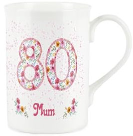 Purely Home Mum Pink Floral Ages Mug - 80th Birthday Gifts for Her - Bone China Coffee/Tea Mug