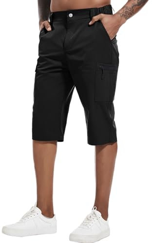 YAOBAOLE 3/4 Hose Herren Sommer Funktionshose Wasserdicht Trekkinghose Atmungsaktiv Sporthose mit Gürtel-Schlaufen Schwarz 2XL