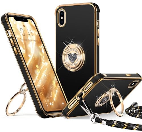 XYZ for iPhone X/XS Case with Stand, Heart Lanyard for Girls Women, Luxury Cute Bling Protective Cover for iPhone X/XS, Black