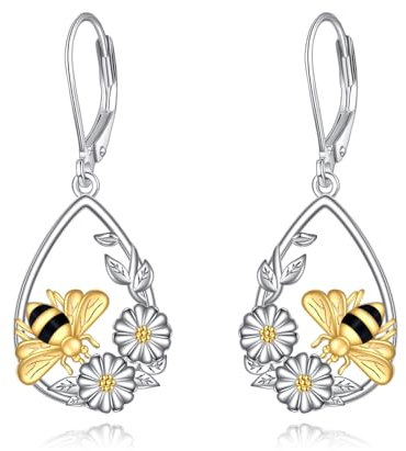 Kolibri/Biene/Schmetterling/Libelle Ohrringe für Damen 925 Sterling Silber Gänseblümchen Hängend Ohrhänger für Mädchen Vogel Schmuck Geschenk (Gänseblümchenbiene)