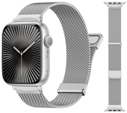 CeMiKa Metall Armband Kompatibel mit Apple Watch Armband 45mm 44mm 42mm 49mm 46mm, Dual Magnetisch Edelstahl Ersatzband für iWatch Ultra Ultra 2 Series 10 9 8 7 6 5 4 3 SE SE2, Damen Herren, Silber