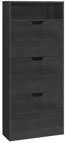 VASAGLE Schuhschrank 3 Klappen, Schuhkipper, Schuhregal, Schuhaufbewahrung, offenes Fach, Trennwand verstellbar, für 14-18 Paar Schuhe, Flur, 24 x 60 x 139 cm, ebenholzschwarz LBC046B03