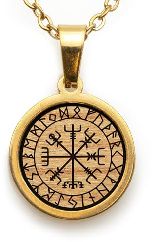 treeforce Edelstahl Halskette in Gold und Silber mit Holzemblem in schwarzem Geschenksetui, unisex (Keltischer Kompass Schutzrune, Gold)