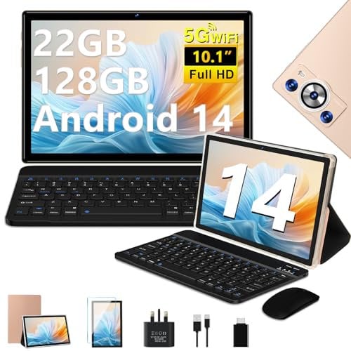 2025 Tablet 10 Inch Android 14 22GB RAM+128GB ROM(TF 2TB), Octa Core 2.0 GHz, 5G WiFi, 8000mAh | BT5.0 | Widevine L1 FHD | Face ID | Widgets | GPS | Type C | GMS Tablet with Keyboard & Mouse - Gold