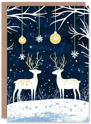 Artery8 Reindeer Winter Forest Baubles Gold Blue Nordic Blank For Him Or Her Art Christmas Card