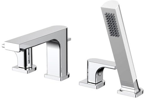 BiaoTeng Robinet Baignoire à 4 Trous Connexion G1/2 Chaud et Froid Laiton Robinet de Baignoire Cuivre 4 Trou Mitigeur Baignoire avec Douchette Chrome