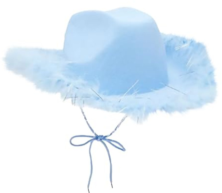 Generisch Cowboyhut für Damen, Cowboyhut, flauschige Federkrempe, Cowboyhuts für Saumparty, Urlaub, Kostümparty, Spielverkleidung, Halloween, Cosplay Cowboyhuts Fasching Rot Weiss Karneval
