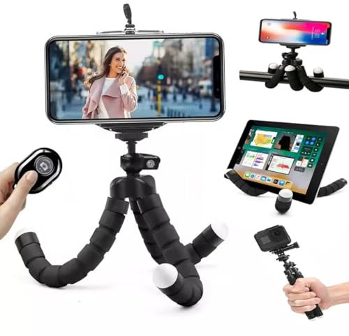 NA-E-VE Trípode para Móvil con Mando Universal - Tripode Pulpo con Control Remoto Bluetooth, Rotación 360 Grados, Negro. Soporte para Celular con Control Remoto.