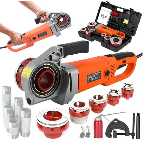 Roscadora de tubos eléctrica de 2300 W, kit de alta resistencia con accionamiento eléctrico manual, juego de fontanería portátil con 6 terrajas de 1/2, 3/4, 1, 1-1/4, 1-1/2, 2