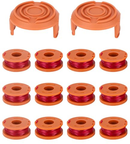 12 Stücke Rasentrimmer Faden für alle 20V Worx Rasentrimmer und 2 Stücke Trimmer Spool Cap,12-Spulen, 2-Deckel,Trimmer Spulenmodell WA0010,Rasentrimmer Spule Für Rasentrimmer kompatibel mit WG163