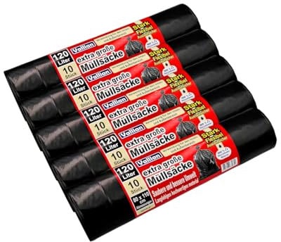 Vallian - Extra Große schwarze Müllsäcke 120 Liter - Abmessungen 80 x 110 cm - 10 Beutel pro Rolle - reißfest, stark und flexibel - Packung mit 5 Rollen (50 Müllbeutel)