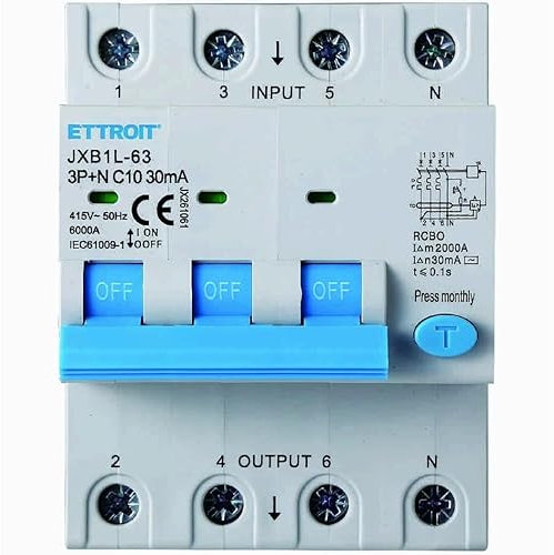 IXTRIMA Interruttore Magnetotermico Differenziale, 3P+N, 380V-6KA, 30mA, 4 Moduli DIN (10A)