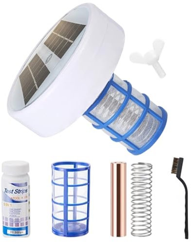 Purificador de agua ionizador de piscina solar con luz, cepillo y tiras de prueba, desinfectante de la piscina de iones de cobre para piscinas sobre el suelo de hasta 35, 000 galones, algas y nu